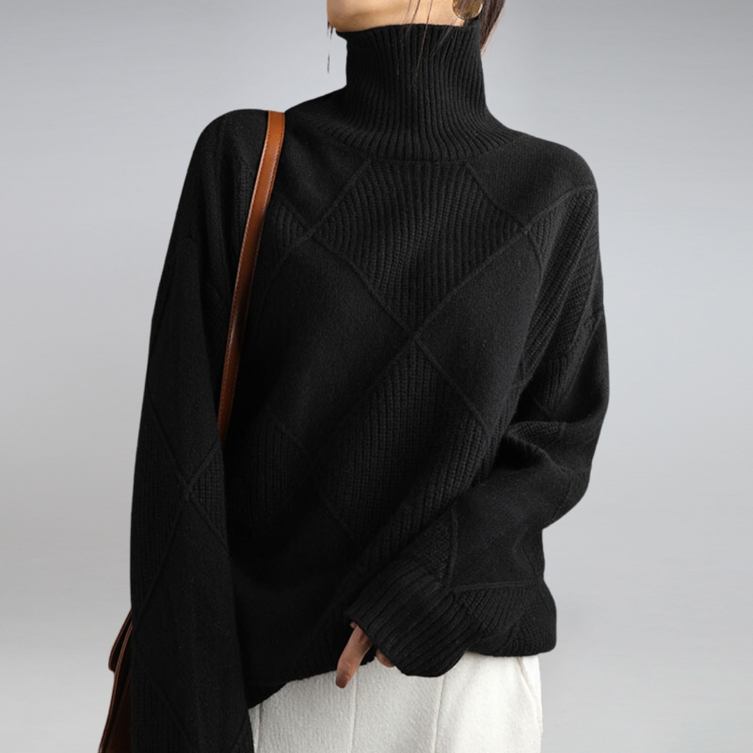 Geometric Knit Black Turtleneck Sweater for Women - Oversized and Relaxed Fit 4