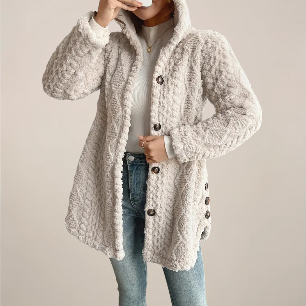 Hooded Jacquard Plush Coat for Women | Cozy All-Season Jacket with Button Detail 3