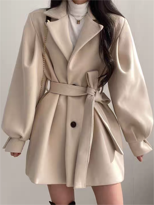 Belted Puff Sleeve Coat for Women – Short Length with Lapel Collar 0
