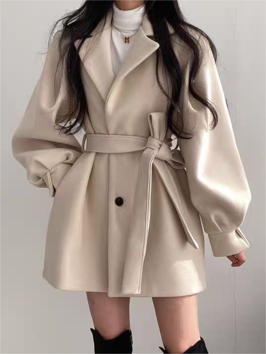 Belted Puff Sleeve Coat for Women – Short Length with Lapel Collar 1