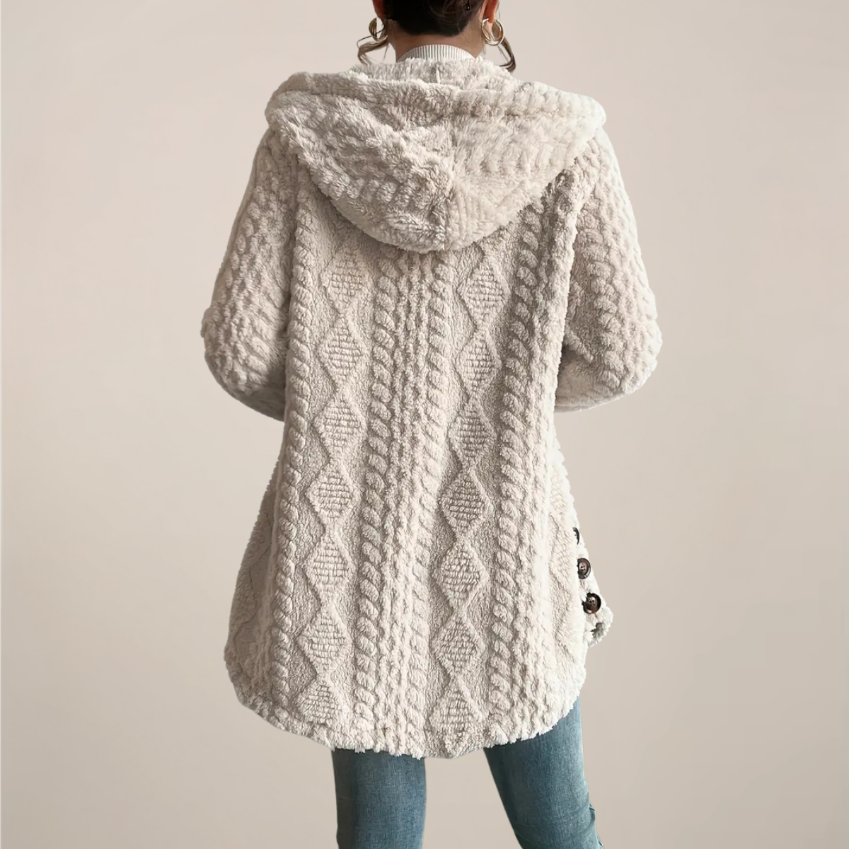 Hooded Jacquard Plush Coat for Women | Cozy All-Season Jacket with Button Detail 2