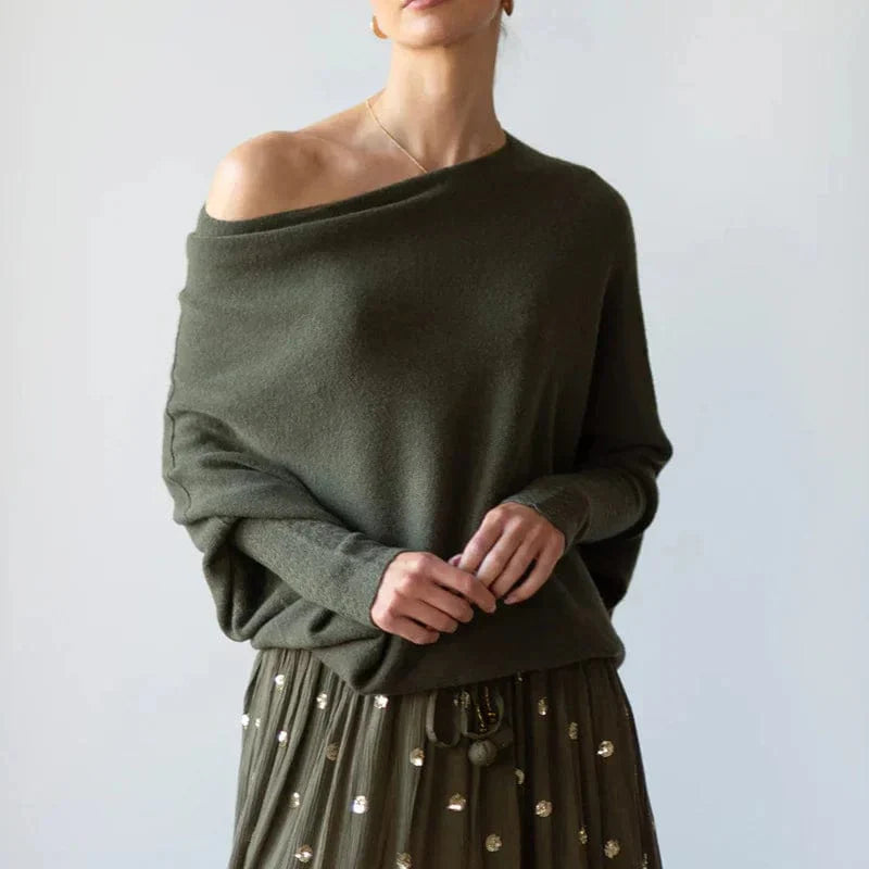 Oversized Women's Jumper with Boat Neck and Batwing Sleeves - Relaxed Fit for Autumn 1