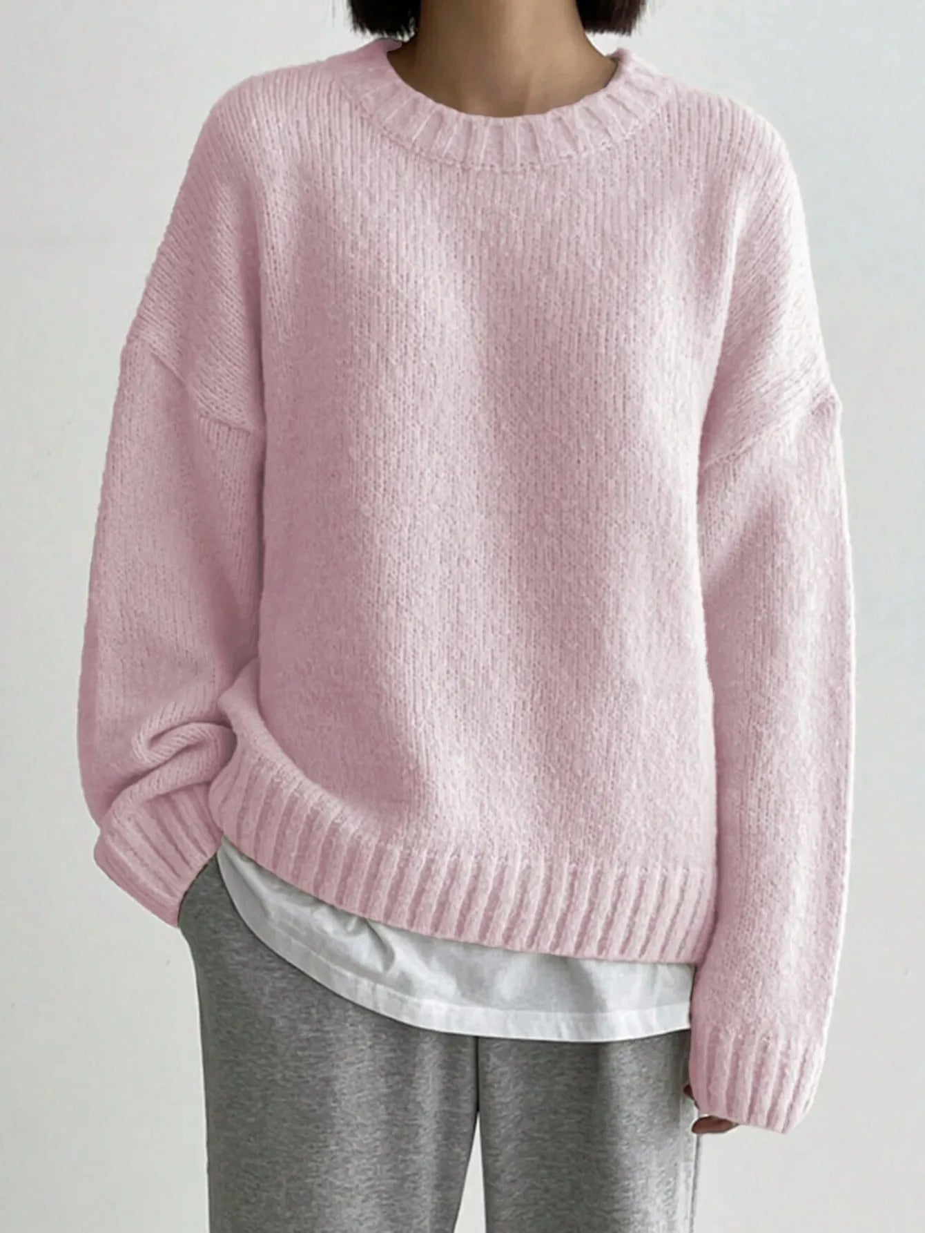 Pastel Pink Relaxed Fit Women's Oversized Sweater with Ribbed Details 0
