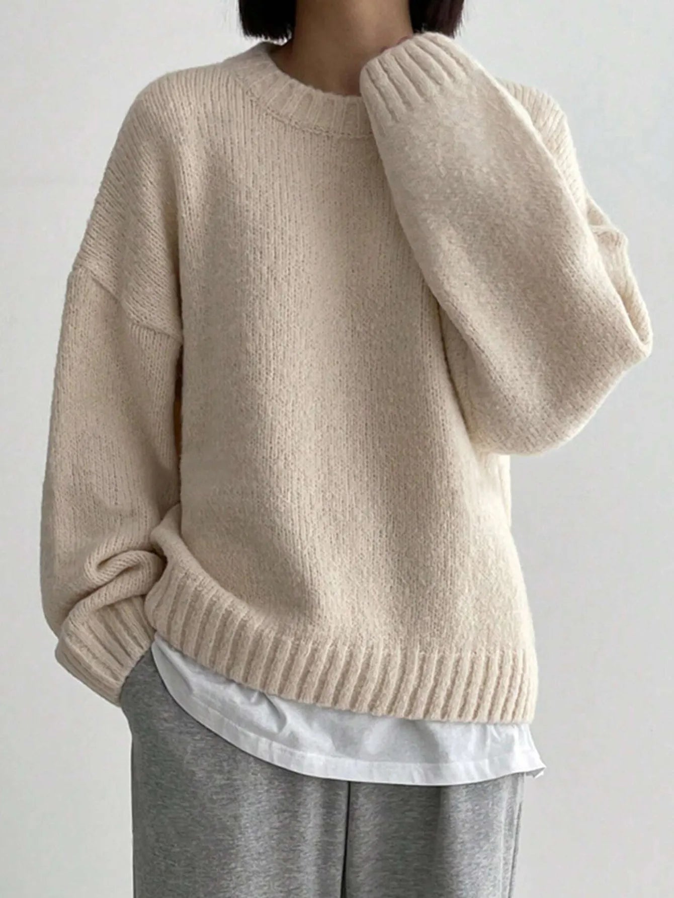 Pastel Pink Relaxed Fit Women's Oversized Sweater with Ribbed Details 1