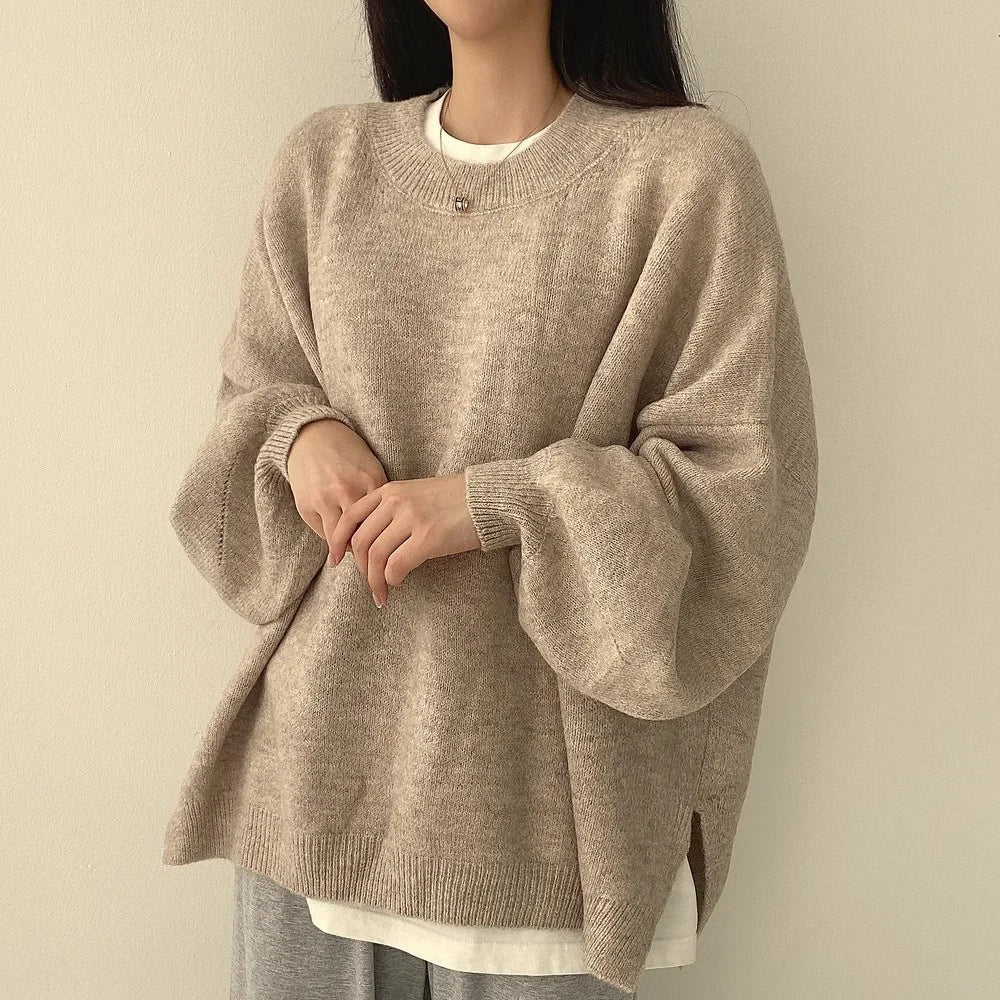 Relaxed Fit Women's Oversized Sweater with Drop Shoulders and Ribbed Trims 0