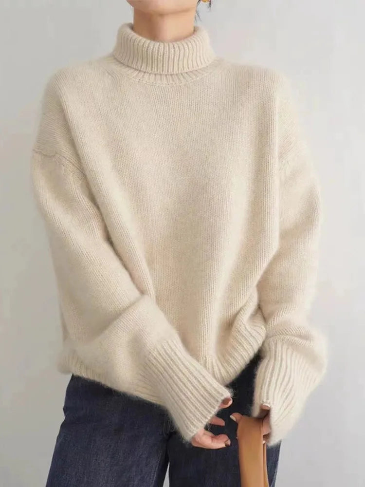 Relaxed Fit Women's Turtleneck Sweater with Ribbed Details for All-Season Wear 0