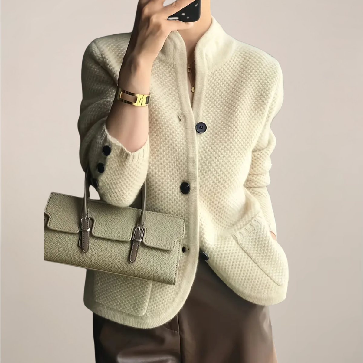 Textured Knit Women's Cardigan Sweater with Stand Collar and Patch Pockets 0