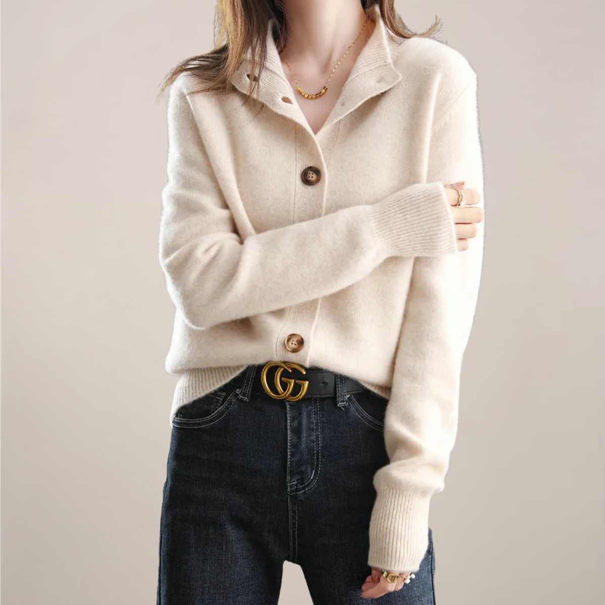 Women's Cream Cardigan Sweater with Soft Collar and Button Front – Versatile Layer for All Occasions 2