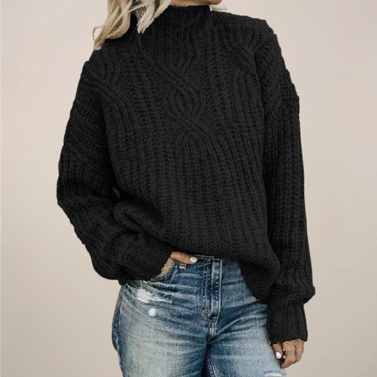 Women's Oversized Black Turtleneck Cable Knit Sweater - Relaxed Fit 0
