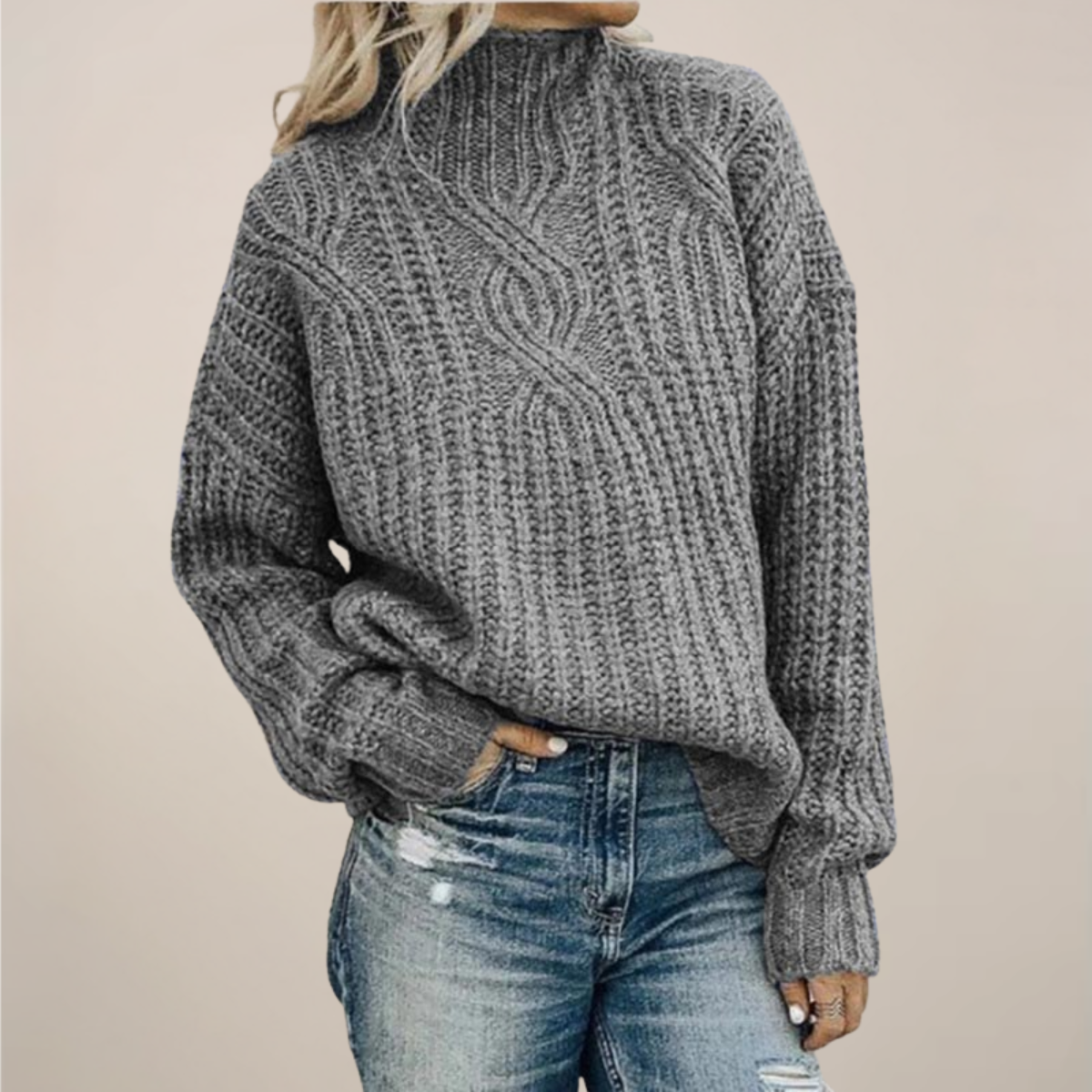 Women's Oversized Black Turtleneck Cable Knit Sweater - Relaxed Fit 1
